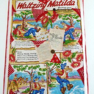 Fabric banner featuring Waltzing Mathilda with hand-made collage overlay, studs,